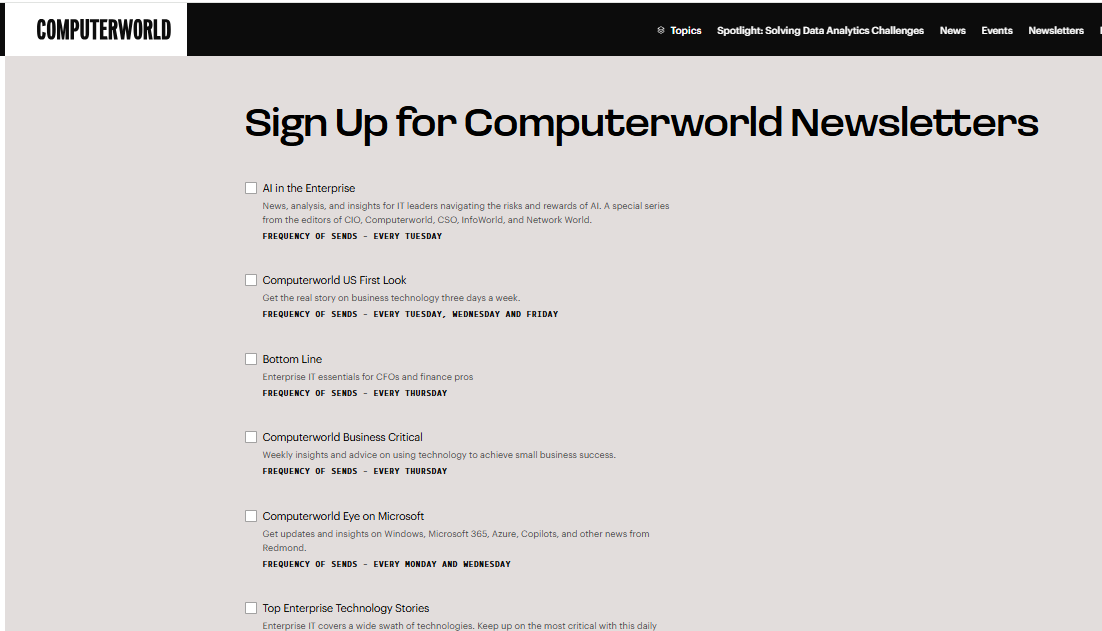 Screenshot of Computerworld’s collection of IT newsletters. 