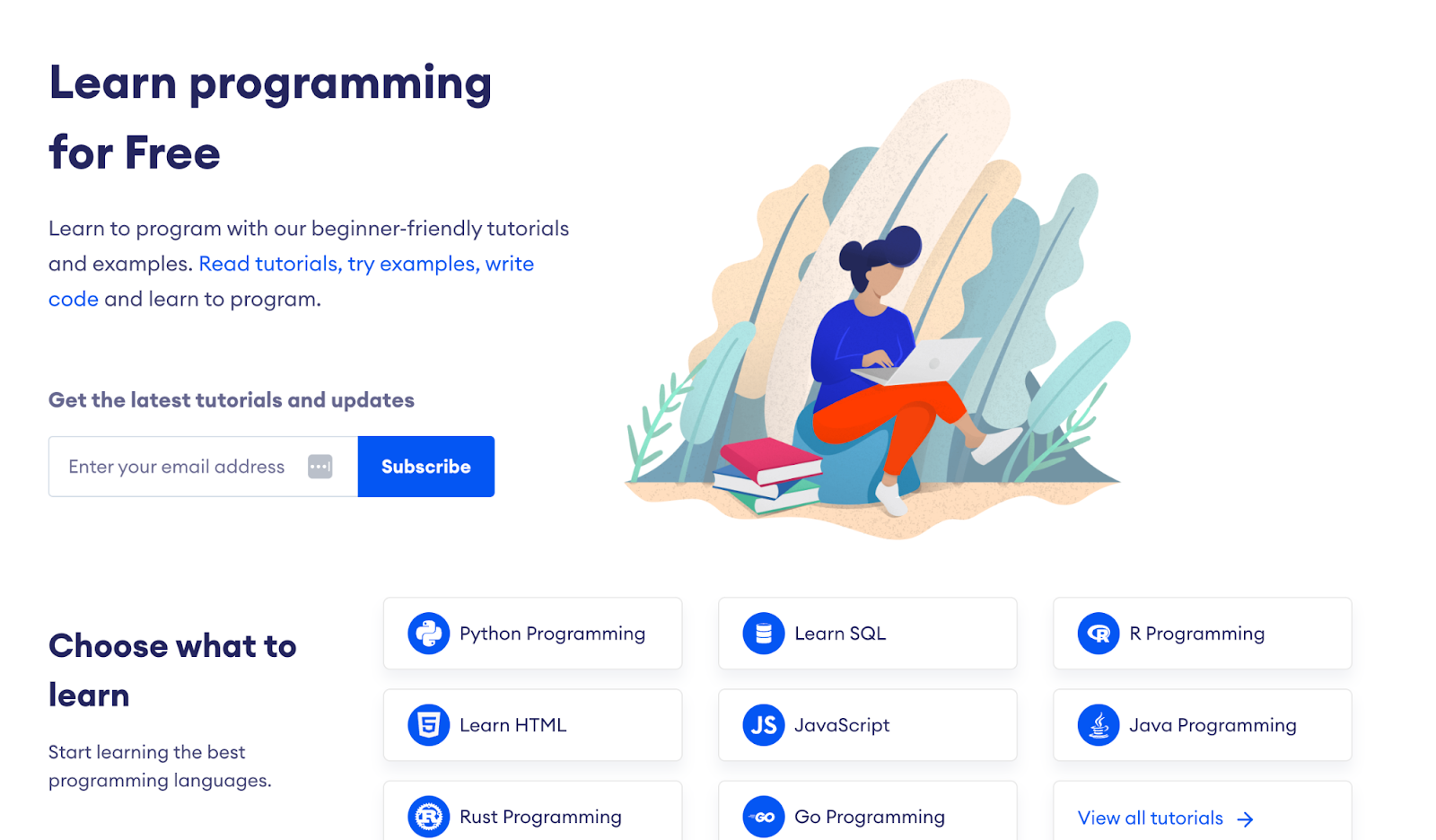 Programiz programming tutorials on Python, SQL, HTML, Javascript.