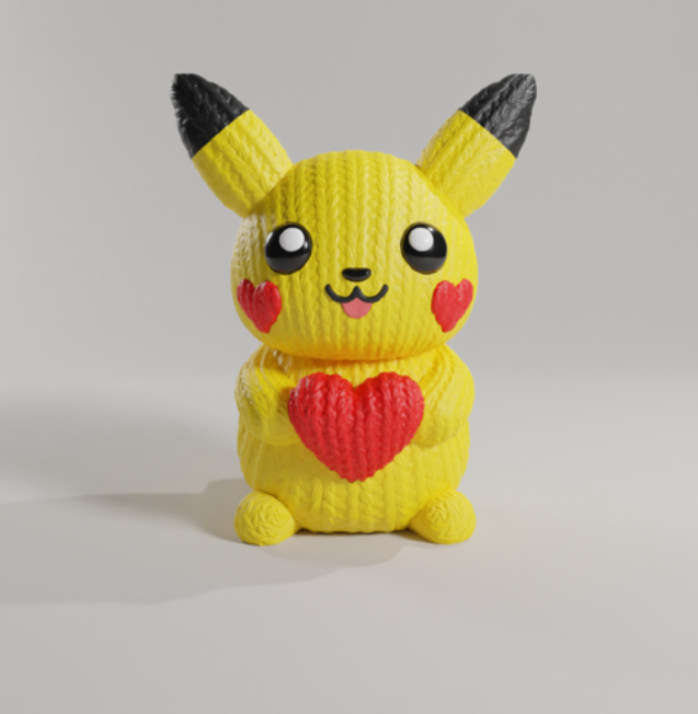 Pikachu-inspired crochet-style 3D print model holding a red heart, perfect for Valentine’s Day, designed by Whale 3D Studio

