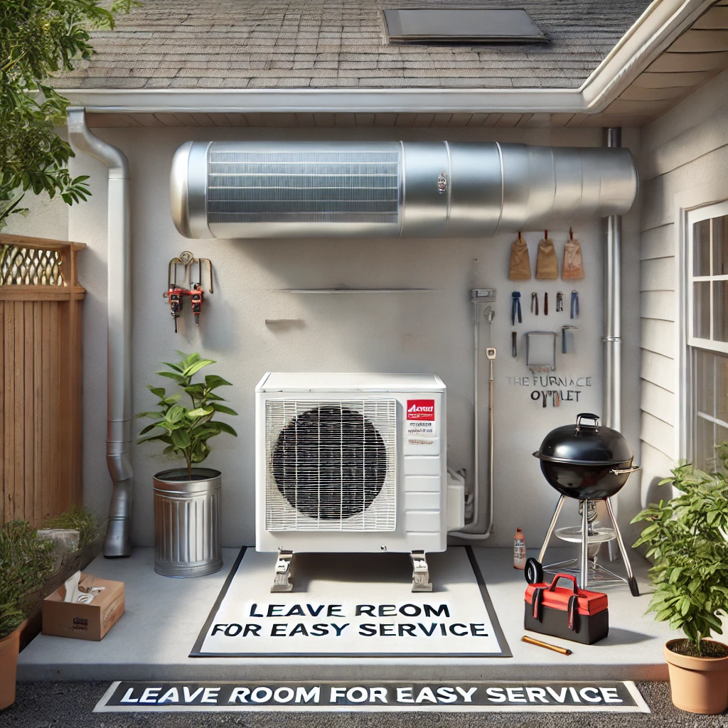 HVAC condenser with clear 24-inch space in front and overhead splash guard, ready for technician access