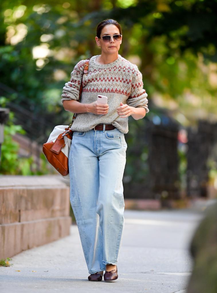 Katie Holmes wears fall sweater with jeans