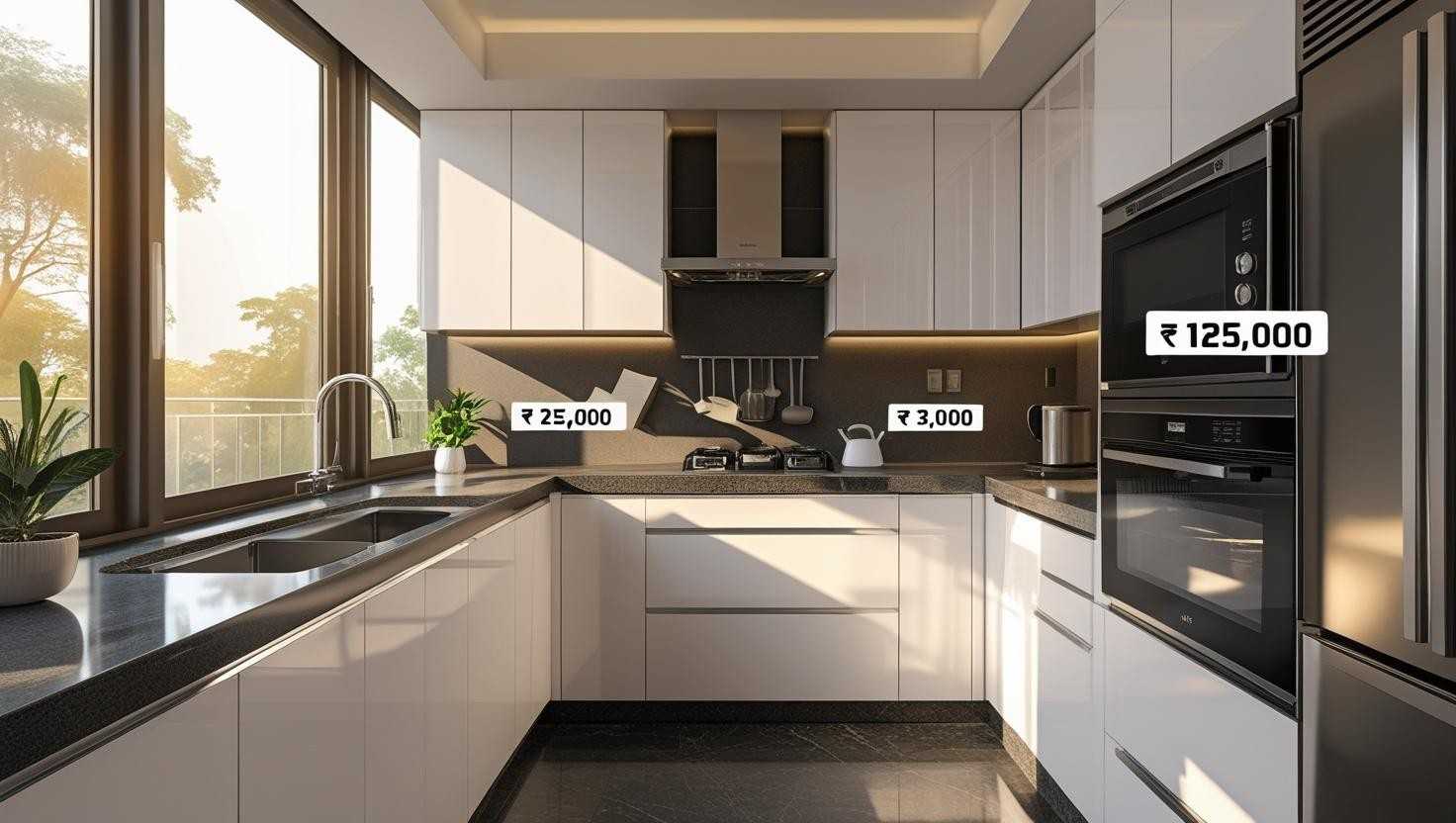 Modern modular kitchen in a Bangalore apartment with labeled cost elements like cabinets, countertops, and appliances, illustrating kitchen investment breakdown