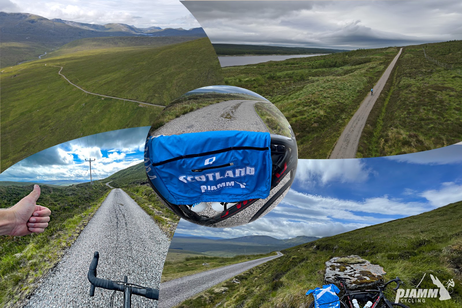photo collage shows aerial drone view of roadway looping around green mountainside; PJAMM Cyclist on bike in one-lane roadway