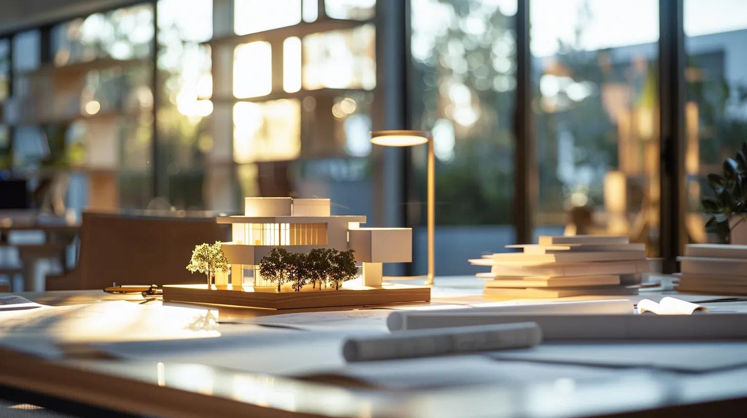 a modern, sleek interior of a high-end design office, showcasing a sophisticated architectural model and blueprints on a polished conference table, bathed in focused artificial light to emphasize the precision and creativity behind premium construction services for dream homes.