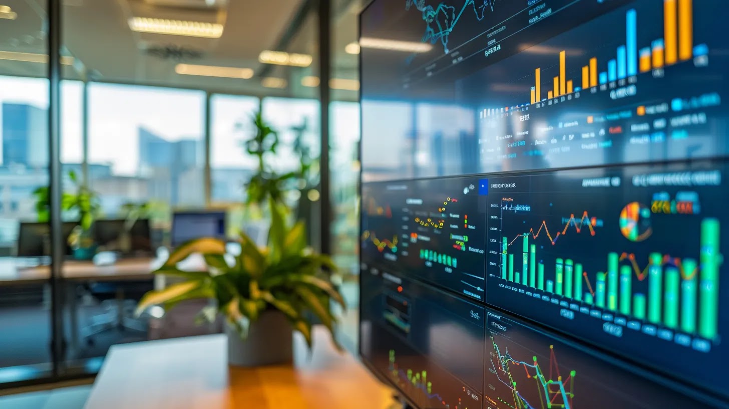 a sleek modern office space showcases a large digital dashboard displaying ai-driven crm analytics and colorful data visualizations, emphasizing the transformative power of technology in enhancing customer engagement and sales forecasting.