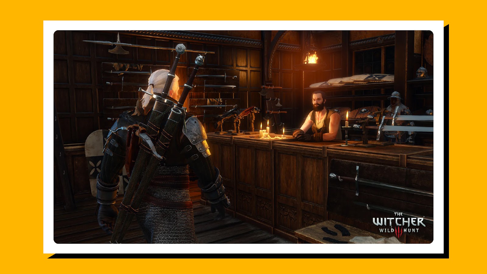 Screenshot of gameplay from The Witcher 3: Wild Hunt set in a dimly lit sword shop