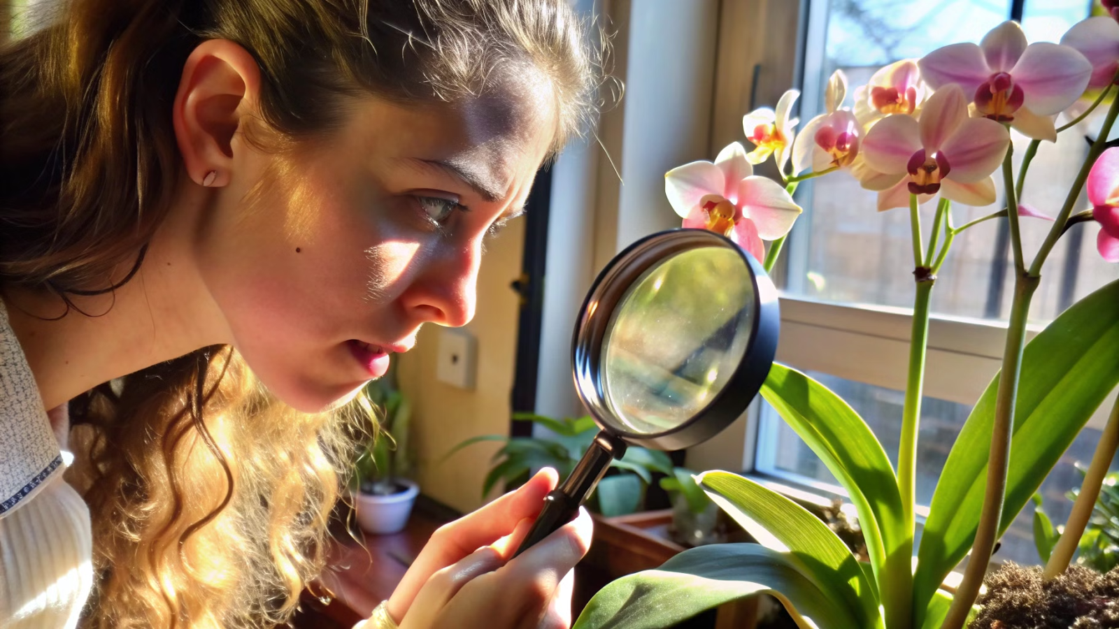 Cuidadora examinando orquídea com lupa procurando pragas e doenças em orquídeas