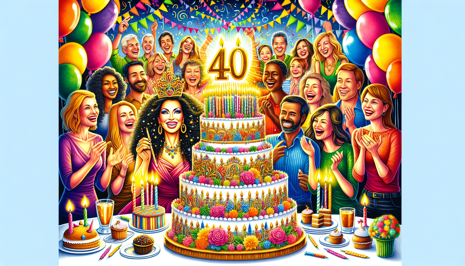 An illustration of a 40th birthday celebration with a large cake and decorations.