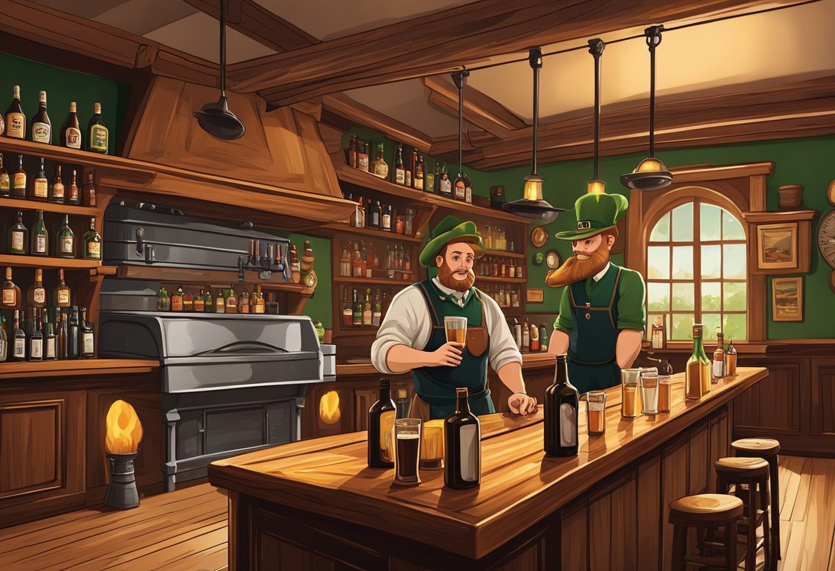 A cozy Irish pub with a roaring fire, wooden tables, and shelves lined with whiskey bottles. A bartender pours a pint of Guinness while a plate of hearty stew sits on the bar