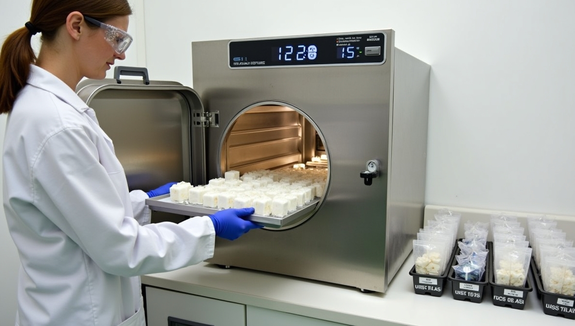 Close-up of a technician loading a tray of grow media into a specialized sterilization unit, highlighting the advanced equipment and methods used to ensure the safety and purity of cultivation materials.