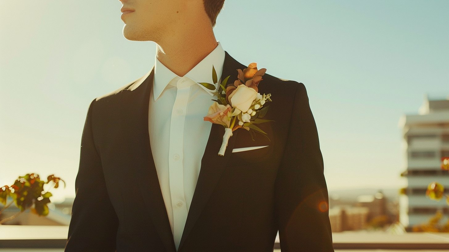 Man in a slim-fit suit, close-to-the-body cut, modern styling with minimal accessories, standing at a trendy wedding venue or rooftop celebration. Clean and sharp silhouette.