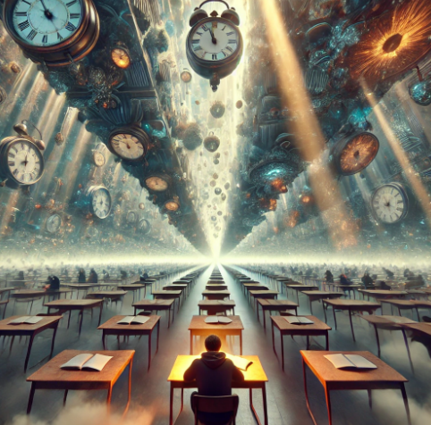 The image shows countless clocks floating in a dreamlike, mechanical sky, emphasizing a sense of urgency and time pressure. This visual symbolizes stress and anxiety associated with exam dreams and deadlines.