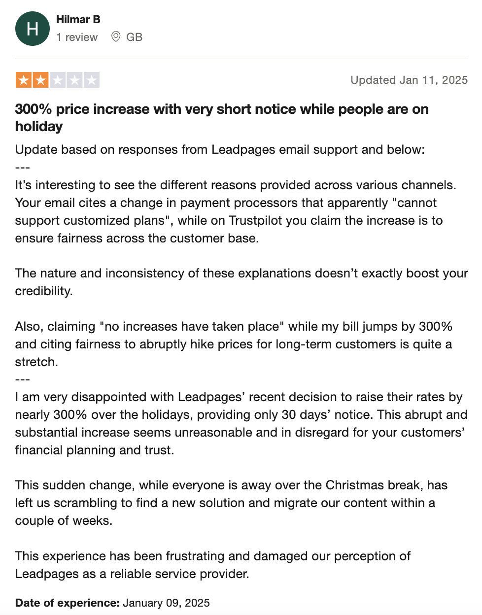 Screenshot of a user review for Leadpages talking about the sudden increase in pricing with a short notice