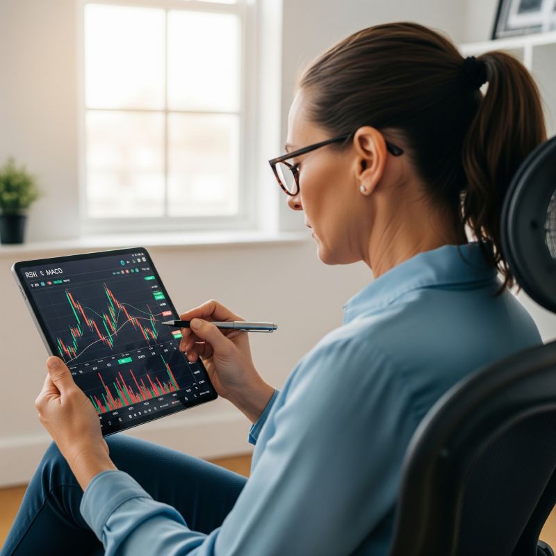 Nhà đầu tư thực hành phân tích RSI và MACD trên màn hình máy tính