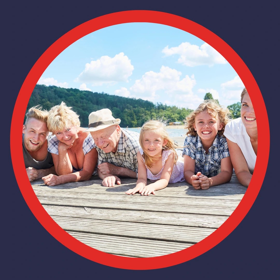A family enjoys time at the lake. 