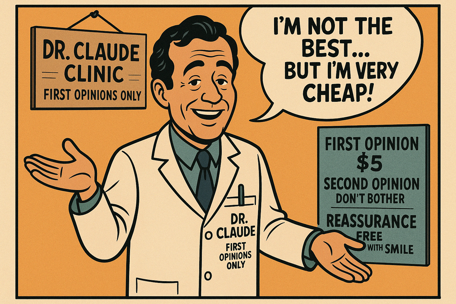 A smiling Dr. Claude stands in a clinic, wearing a white coat and stethoscope. A sign reads “Dr. Claude Clinic — First Opinions Only.” He gestures openly while a speech bubble says, “I’M NOT THE BEST… BUT I’M VERY CHEAP!” A nearby board lists low-cost medical services.