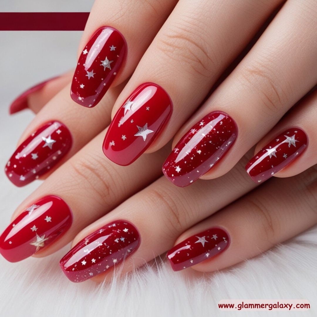 Red Winter Nail Designs having Starry Sky
