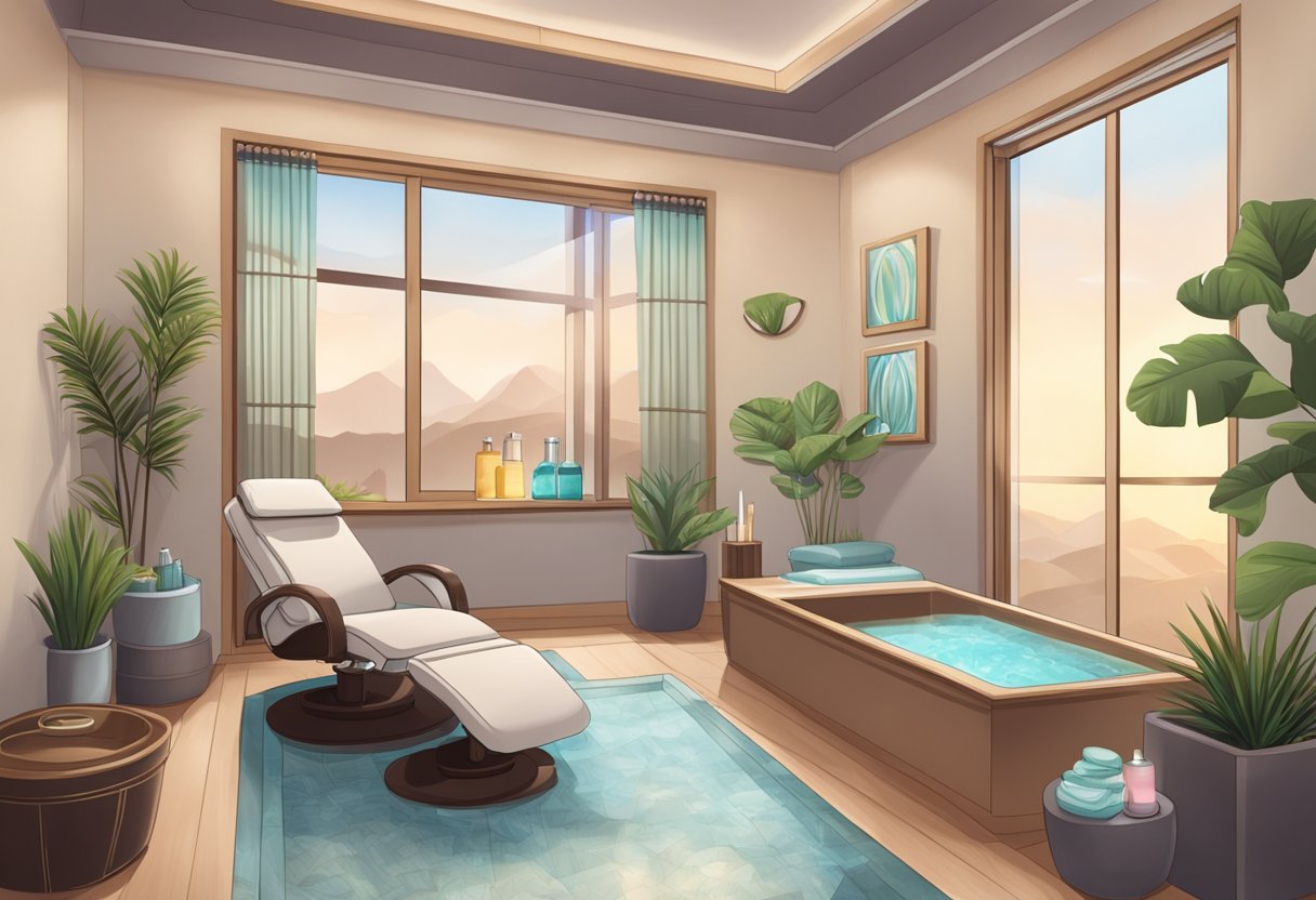 A serene spa room with a comfortable reclining chair, soft lighting, and a table of neatly organized lash supplies