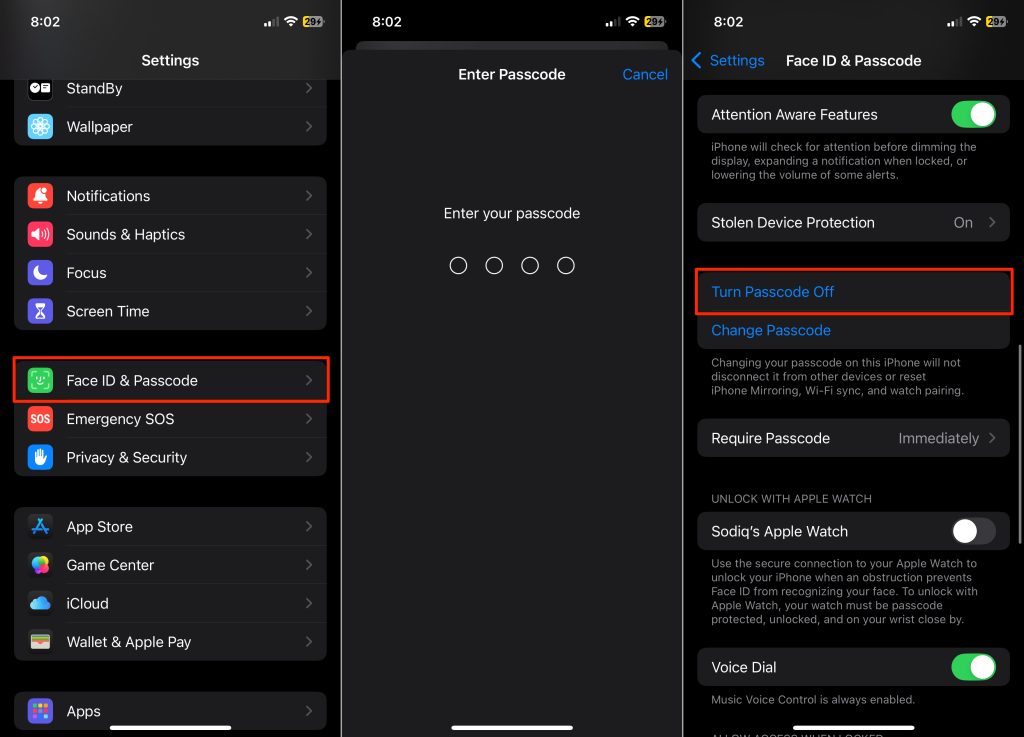 Steps to turn off passcode on an iPhone