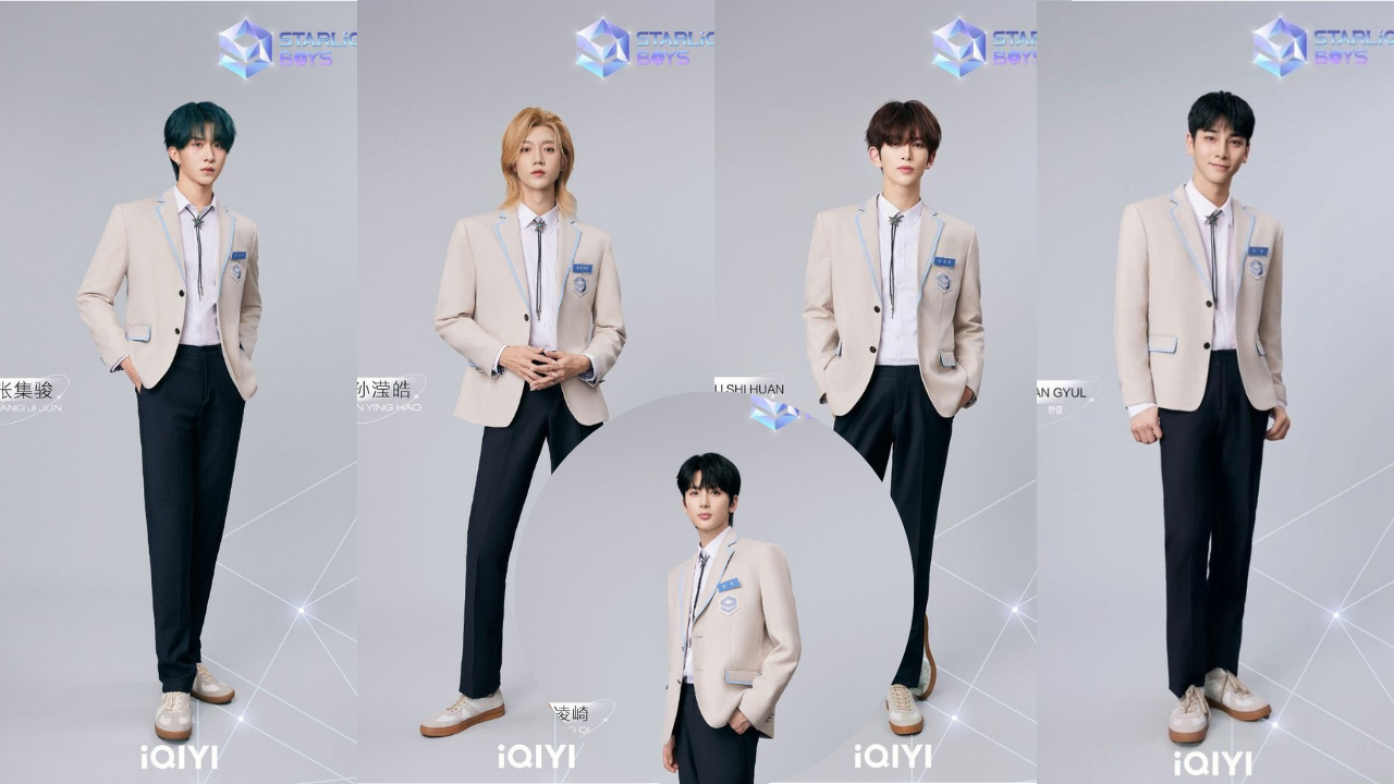 A picture of Ling Qi, Sun Yinghao, BAE173's Hangyul, Jijun, and Shihuan on carton colour jackets and white shirts with black trouser 