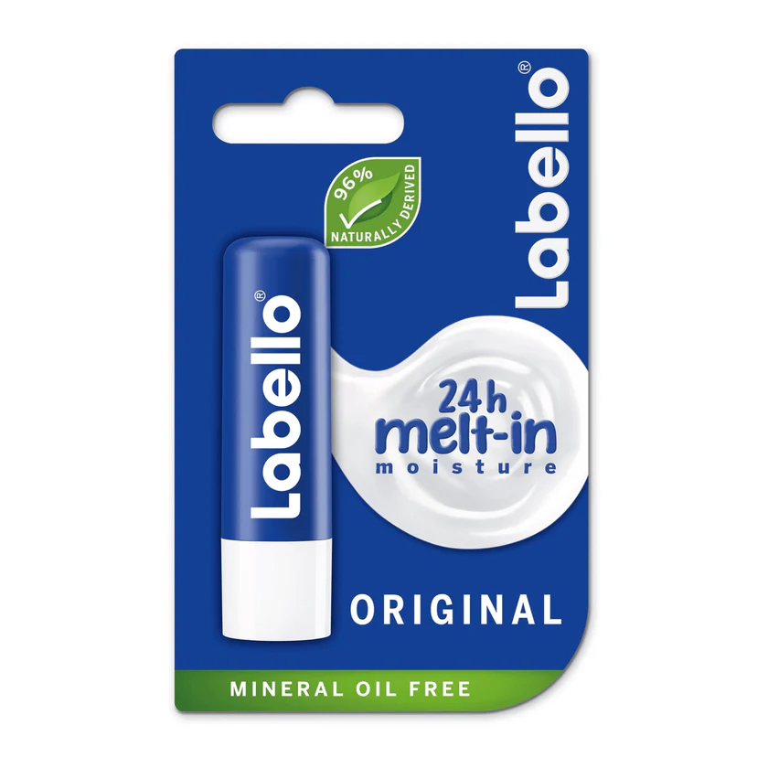 Blue and white Labello Original lip balm in packaging highlighting 24-hour moisture.