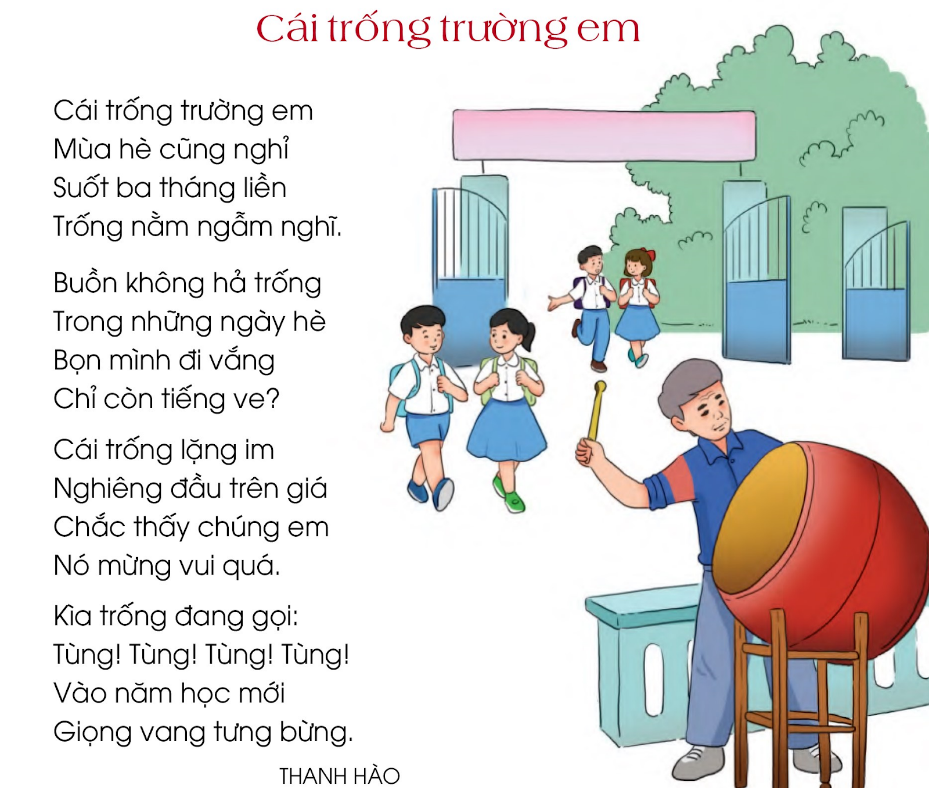 BÀI 5: NGÔI NHÀ THỨ HAIChia sẻ Câu 1: Em hãy đọc tên bài 5 và đoán Ngôi nhà thứ hai là gì? Giải nhanh:Trường học.Câu 2: Nói những điều em quan sát được trong mỗi bức tranh dưới đây: a) Mỗi bức tranh tả cảnh gì?b) Có những ai trong tranh? Họ đang làm gì?Giải nhanh:a) Giơ tay phát biểu.Biểu diễn văn nghệDọn cỏ trong vườn cây.Khám sức khỏe.b) Học sinh đang giơ tay.Học sinh nữ đang múa.Học sinh làm lao động.Học sinh được bác sĩ khám sức khỏe.BÀI ĐỌC 1: CÁI TRỐNG TRƯỜNG EMĐọc hiểu Câu 1: Bài thơ là lời của ai?Trả lời:Bài thơ là lời của bạn học sinh.Câu 2: Ở khổ thơ 2, bạn học sinh xưng hô, trò chuyện thân mật như thế nào với cái trống trường?Trả lời:- Ở khổ thơ 2, bạn học sinh xưng hô, trò chuyện thân mật với cái trống trường:“Buồn không hả trốngTrong những ngày hèBọn mình đi vắngChỉ còn tiếng ve?”Câu 3: Qua bài thơ, em thấy tình cảm của bạn học sinh với cái trống, với ngôi trường như thế nào?Trả lời:Qua bài thơ, em thấy bạn nhỏ xem cái trống trường như một người bạn thân và rất yêu ngôi trường của mình.Luyện Tập Câu 1: Hãy sắp xếp các từ chỉ hoạt động, cảm xúc của nhân vật “Trống” vào ô thích hợp.Giải nhanh:Câu hỏiVào mùa hèVào năm học mớiCái trống làm gì? ngẫm nghĩ, nằm, nghỉ, nghiêng đầuthấy, gọiCái trống thế nào?buồn mừng vui Câu 2: Tìm các từ ngữ:a) Nói về tình cảm, cảm xúc của em khi bước vào năm học mới.b) Nói về hoạt động của em trong năm học mới.Giải nhanh:a) vui, háo hức, hào hứng, thích thú, hạnh phúc.b) học tập, lao động, thể dục, ca hát.Bài viết 1Câu 1: Tập chép: Dậy sớmGiải nhanh:- Tập chépCâu 2: Chọn chữ hoặc vần phù hợp với ô trống:Giải nhanh:a) nấplàm      nụnởb) tìm chiềunhiêu c) Xen leng kengCâu 3: Tập viếta) Viết chữ hoa: Db) Viết ứng dụng: Diều sáo bay lưng trời.Giải nhanh:a) Viết chữ hoa: Db) Viết ứng dụng: Diều sáo bay lưng trời.BÀI ĐỌC 2: TRƯỜNG EMĐọc hiểuCâu 1: Tìm những chi tiết cho thấy Hà và các bạn rất háo hức mong chờ ngôi trường mới.Trả lời:- Những chi tiết cho thấy Hà và các bạn rất háo hức mong chờ ngôi trường mới:Giờ ra chơi, Hà và các bạn thường trò chuyện về ngôi trường đang xâyTưởng tượng biết bao điều.Câu 2: Hà và các bạn thích gì ở ngôi trường mới?Trả lời:Hà và các bạn thích khu vườn có đủ các loại cây ở ngôi trường mới.Câu 3: Theo em, vì sao trường mới trở thành “Ngôi nhà thứ hai” của Hà và các bạn?Trả lời:Theo em, trường mới trở thành “Ngôi nhà thứ hai” của Hà và các bạn vì ở trường có bạn bè, thầy cô và rất nhiều điều các bạn thíchLuyện tậpCâu 1: Đặt câu hỏi cho bộ phận câu in đậm:a) Học sinh trò chuyện về ngôi trường đang xây.b) Các bạn hẹn nhau ở thư viện sau mỗi buổi học.Giải nhanh:a) Học sinh làm gì?b) Ai hẹn nhau ở thư viện sau mỗi buổi học?Câu 2: Theo em các bạn học sinh sẽ làm gì để ngôi trường mới luôn sạch đẹp?Giải nhanh:Ai (con gì, cái gì)Làm gì?Các bạnSẽ trồng nhiều hoa trong vườn trườngCác bạnSẽ chăm chỉ tưới câyCác bạnSẽ không vút rác vừa bãiCác bạnSẽ không vẽ bậy lên tường Trao đổi