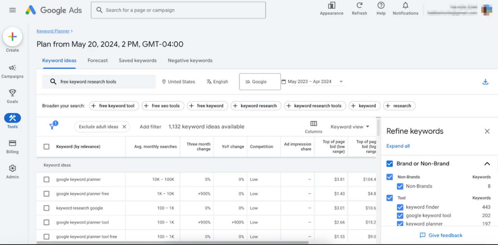 Image of Google keyword planner showing various keywords for a search intent