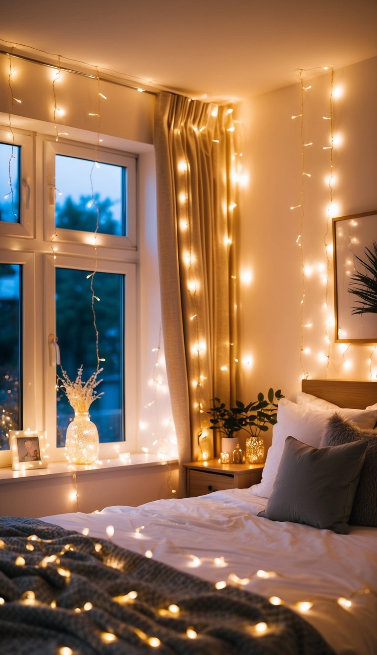 A cozy bedroom filled with twinkling fairy lights, creating a magical and enchanting atmosphere