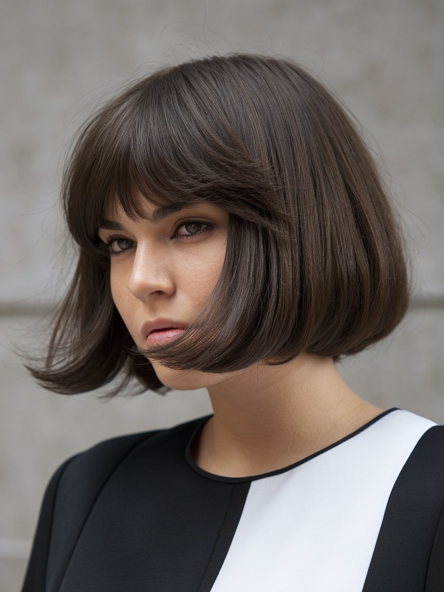 22. Dramatic Bob with Feathered Bangs