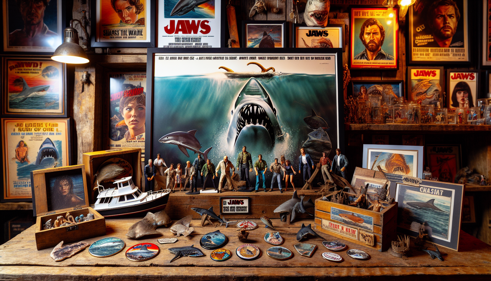 A collection of Jaws memorabilia items including collectibles and action figures.