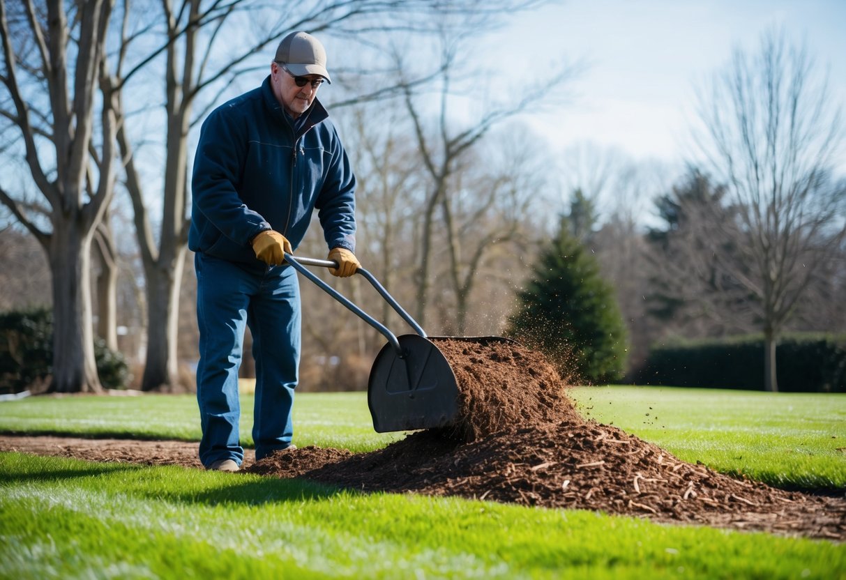 A person spreading fertilizer and mulch on a lawn, surrounded by bare trees and a crisp winter sky