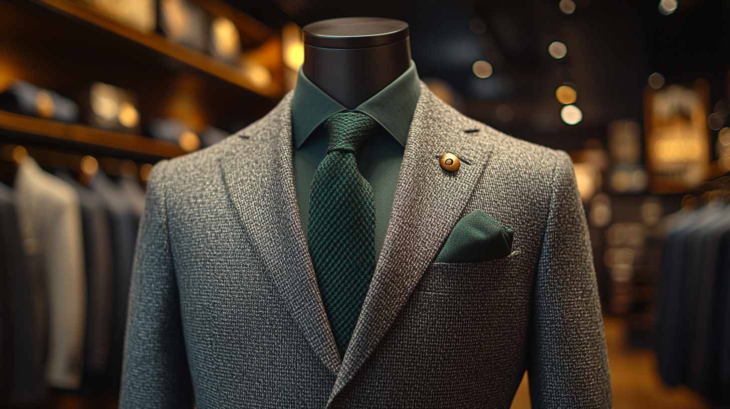 A mannequin showcasing a steel gray suit with a cool-toned green shirt, giving off a sleek, contemporary vibe. The outfit includes a dark green tie with a subtle sheen, a neatly folded pocket square, and stylish black dress shoes. The scene is set in a modern fashion boutique with minimalistic decor. 