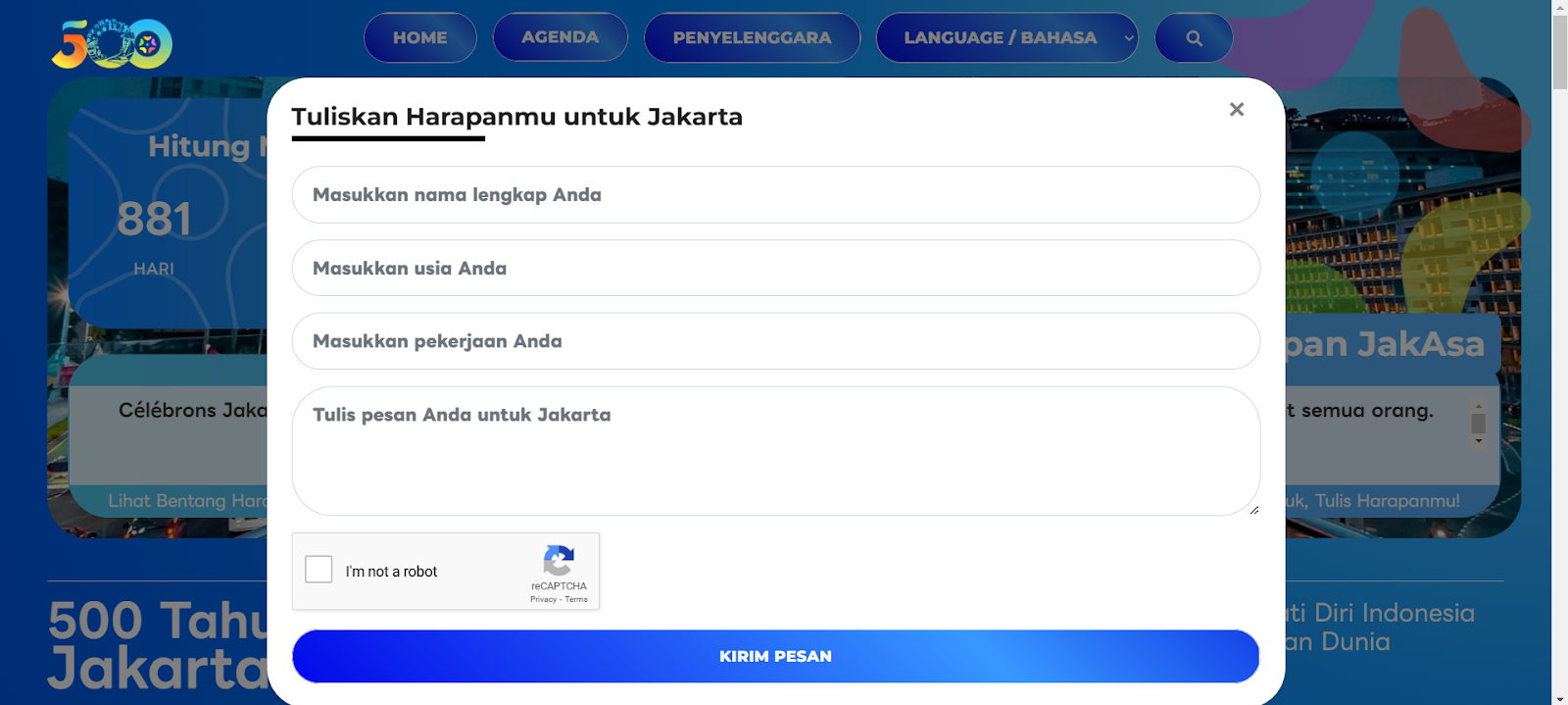 Bagian untuk menuliskan pesan di situs web&nbsp;jakarta500.id 