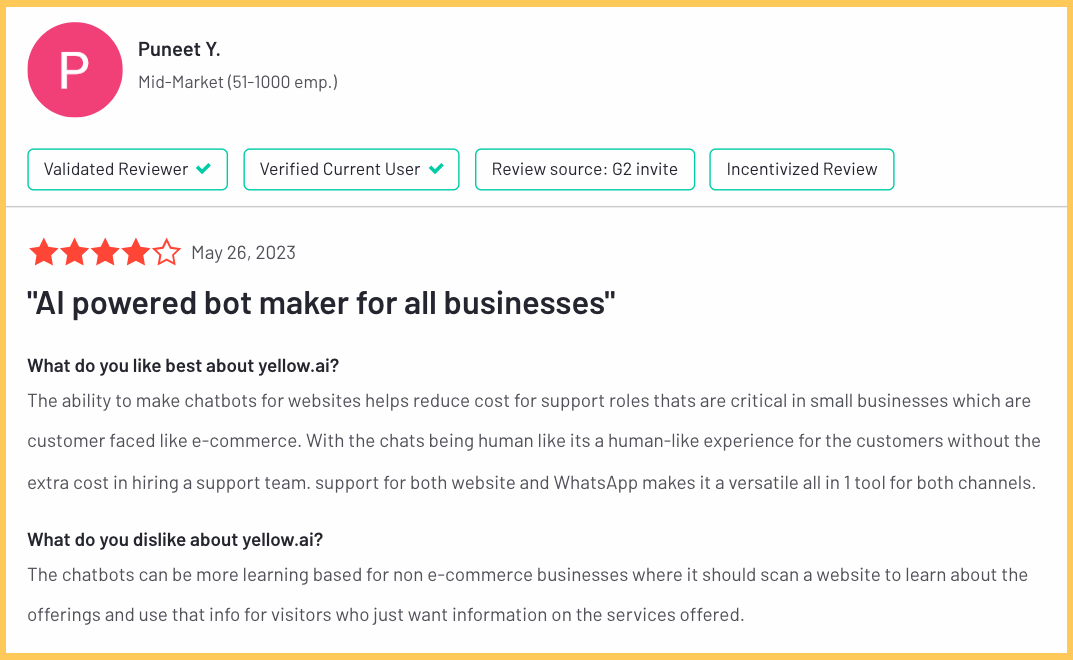 yellow.ai chatbot service provider customer testimonial