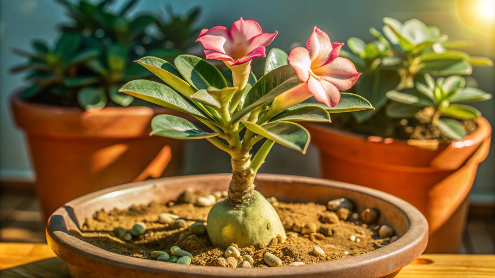 Muda de rosa do deserto (Adenium obesum) em vaso sob luz solar.