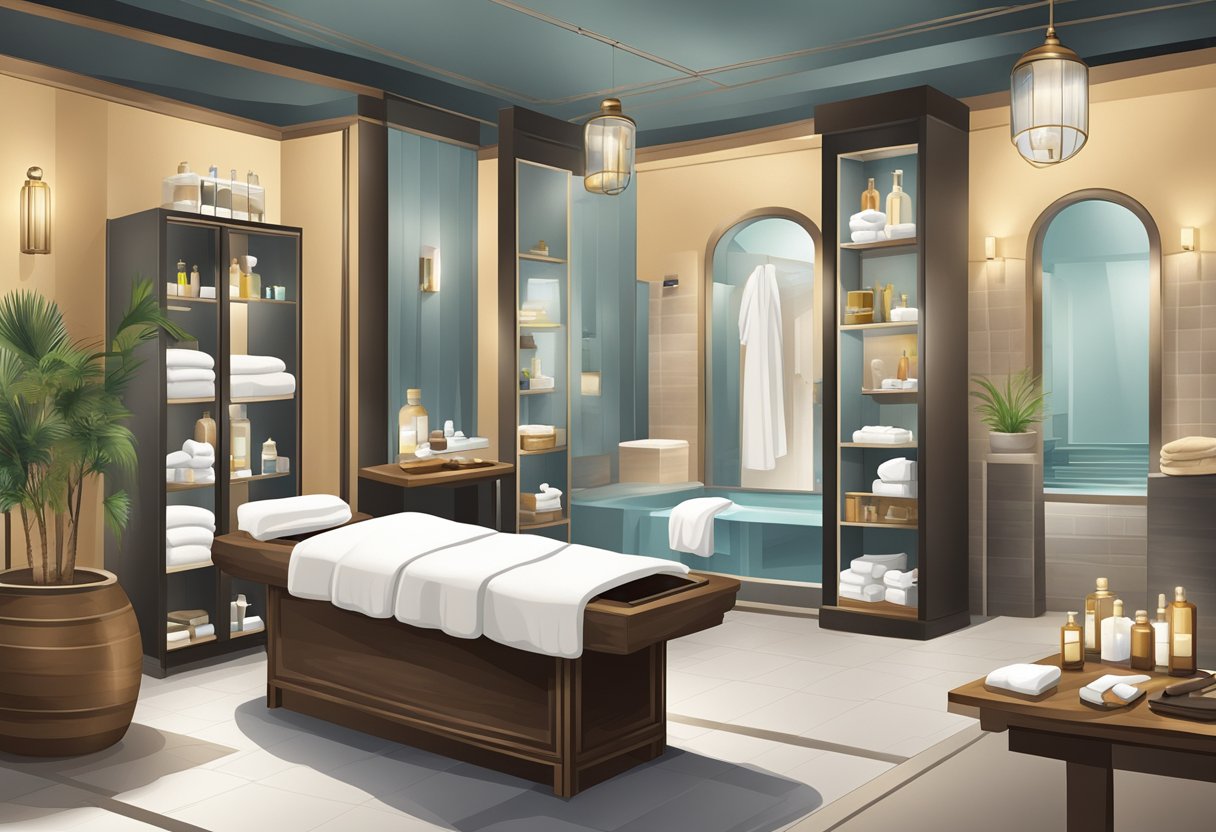 A serene spa setting with plush robes, steam room, massage tables, and a selection of men's grooming products on display