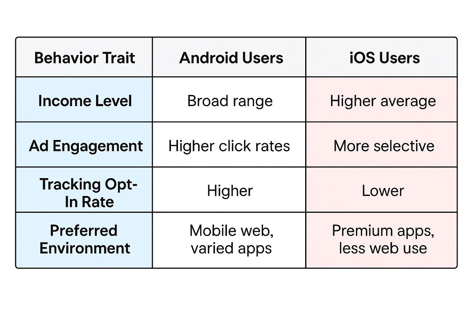 Comparison table showing Android vs iOS user behavior across income, ad engagement, tracking opt-in rate, and preferred digital environment