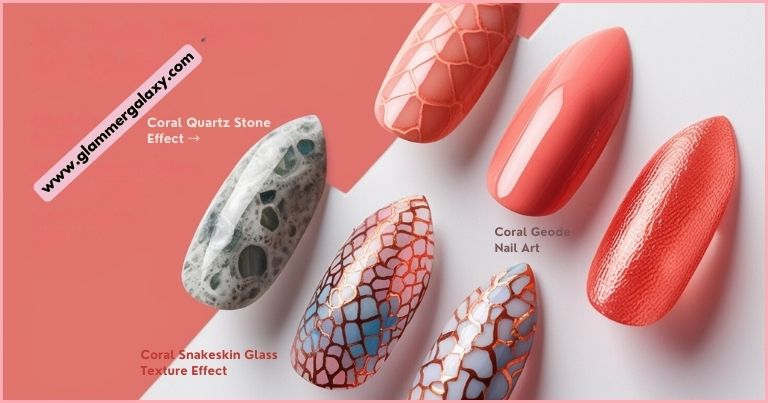 Assorted coral-inspired objects including Quartz Stone, Glass, and Nail Art on a pink background.