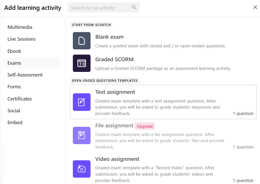 learnworlds assessments variety including exams, quizzes etc