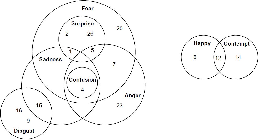 An image of a diagram showing the relationship between various facial action units and their corresponding emotional expressions, used for analyzing and mitigating biases in emotion detection.