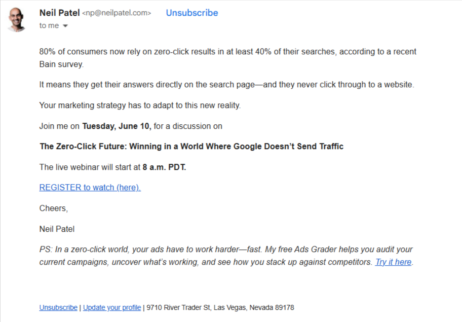 Neil Patel webinar invitation email
