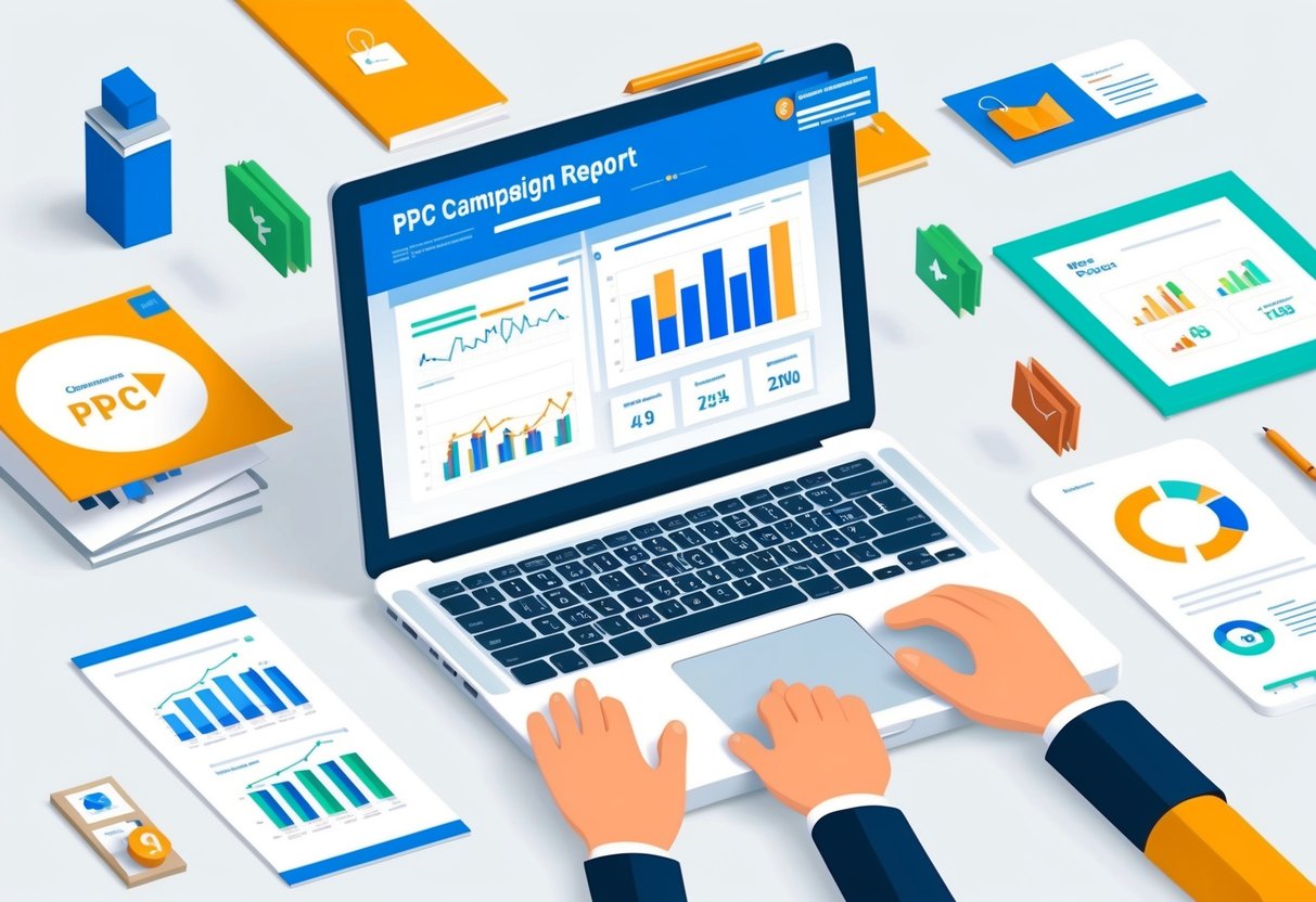 A laptop displaying a detailed PPC campaign report with graphs and charts, surrounded by e-commerce products and marketing materials