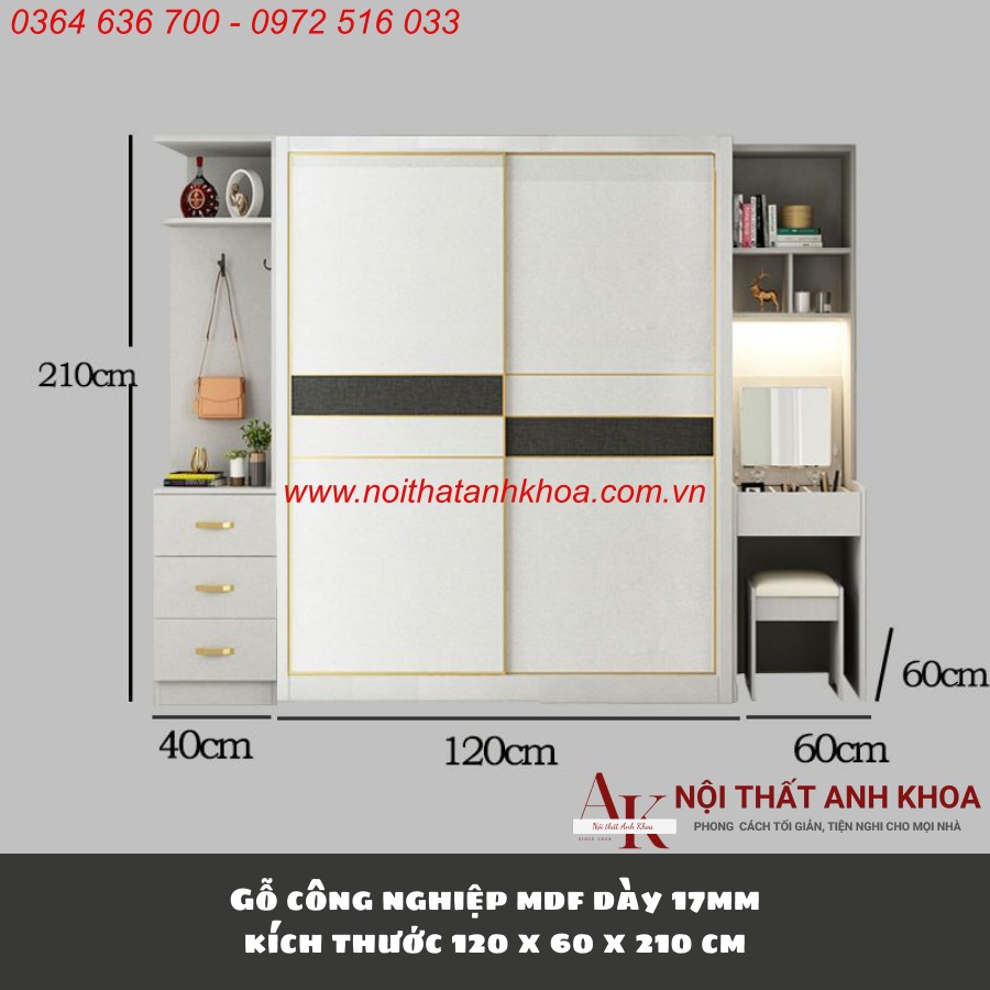 Tủ quần áo cửa lùa 2 cánh gỗ mdf