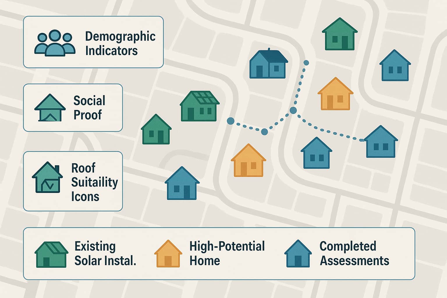 Solar lead generation success map showing neighborhood demographics, roof suitability, and social proof data for targeted door-to-door sales.
