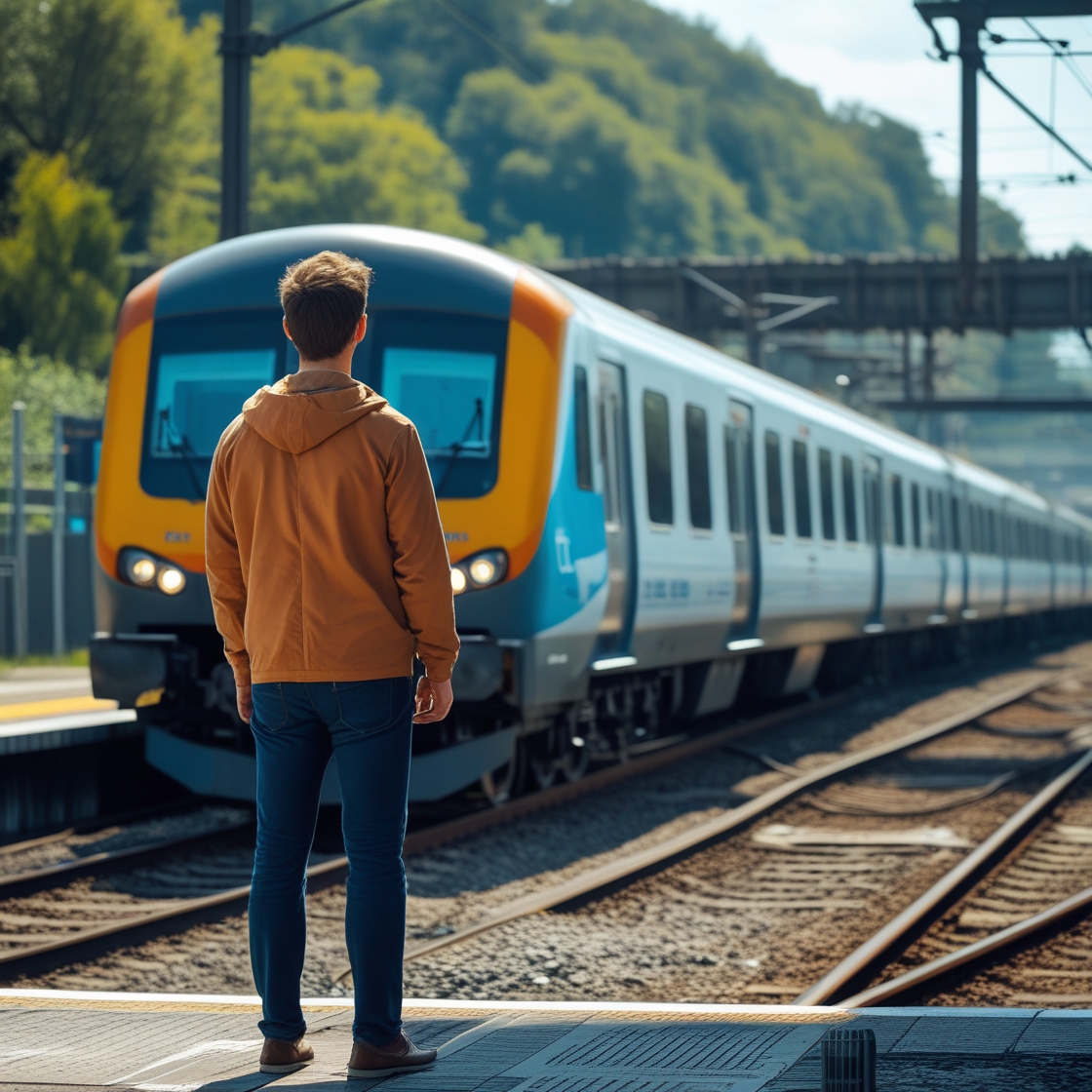 A man watching a train leave while still debating whether to board, representing missed opportunities.