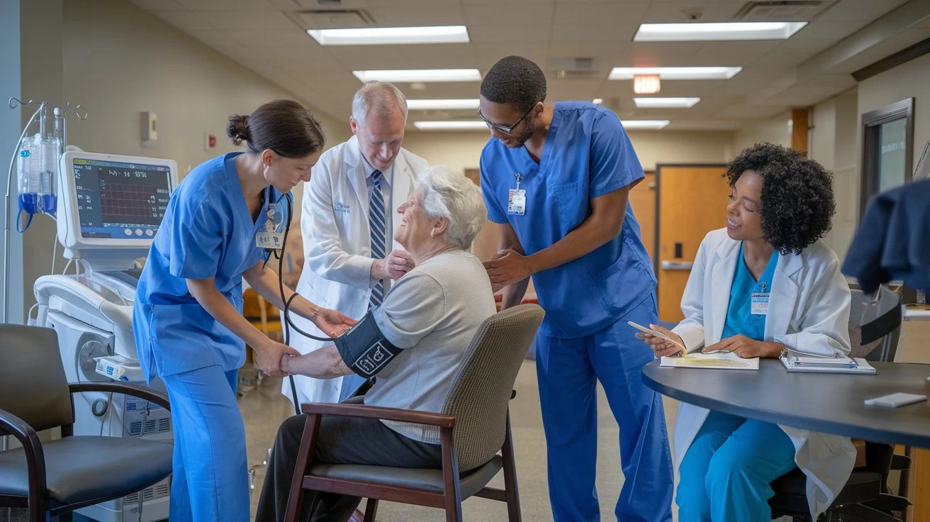 A collaborative team of healthcare professionals working together to support a patient, with various medical and support roles depicted.