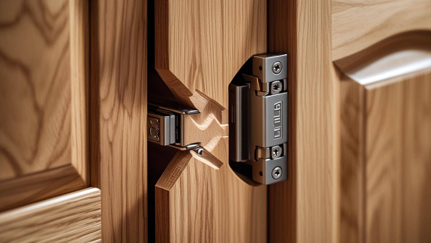 Premium kitchen cabinet construction detail showing dovetail joints and Blum soft-close hinges by Elegante Interiors