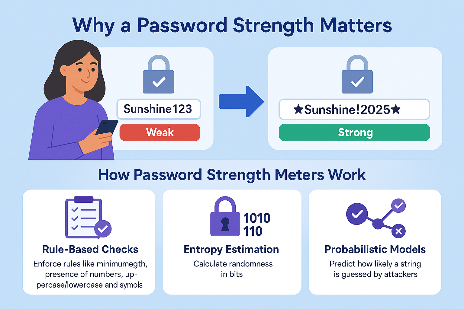 Imagine Sarah, a busy teacher, choosing “Sunshine123” as her new account password because it’s easy to remember. However, a hacker’s dictionary list can break “Sunshine123” in seconds. Fortunately, a password strength meter overview would flag this choice as “Weak” and nudge Sarah to add symbols or length. Because of this instant feedback, Sarah ends up with “★Sunshine!2025★,” which is far harder to crack. In short, a password meter definition and real-time analysis help users avoid guessable patterns and improve overall security.

 Functionality & Mechanism
How Password Strength Meters Work
At their core, how password strength meters work involves several algorithms:
Rule-Based Checks: These password meter algorithms enforce rules like minimum length, presence of numbers, uppercase/lowercase letters, and symbols.


Entropy Estimation: Tools like the password meter calculate password meter entropy estimation, measuring randomness in bits.


Probabilistic Models: Advanced meters use probabilistic strength meter or Markov password strength meter techniques to predict how likely a string is guessed by attackers.


Together, these methods yield a password strength scoring from “Very Weak” to “Very Strong,” often displayed in a password strength colour bar.
For more details on zxcvbn, check out its GitHub page
