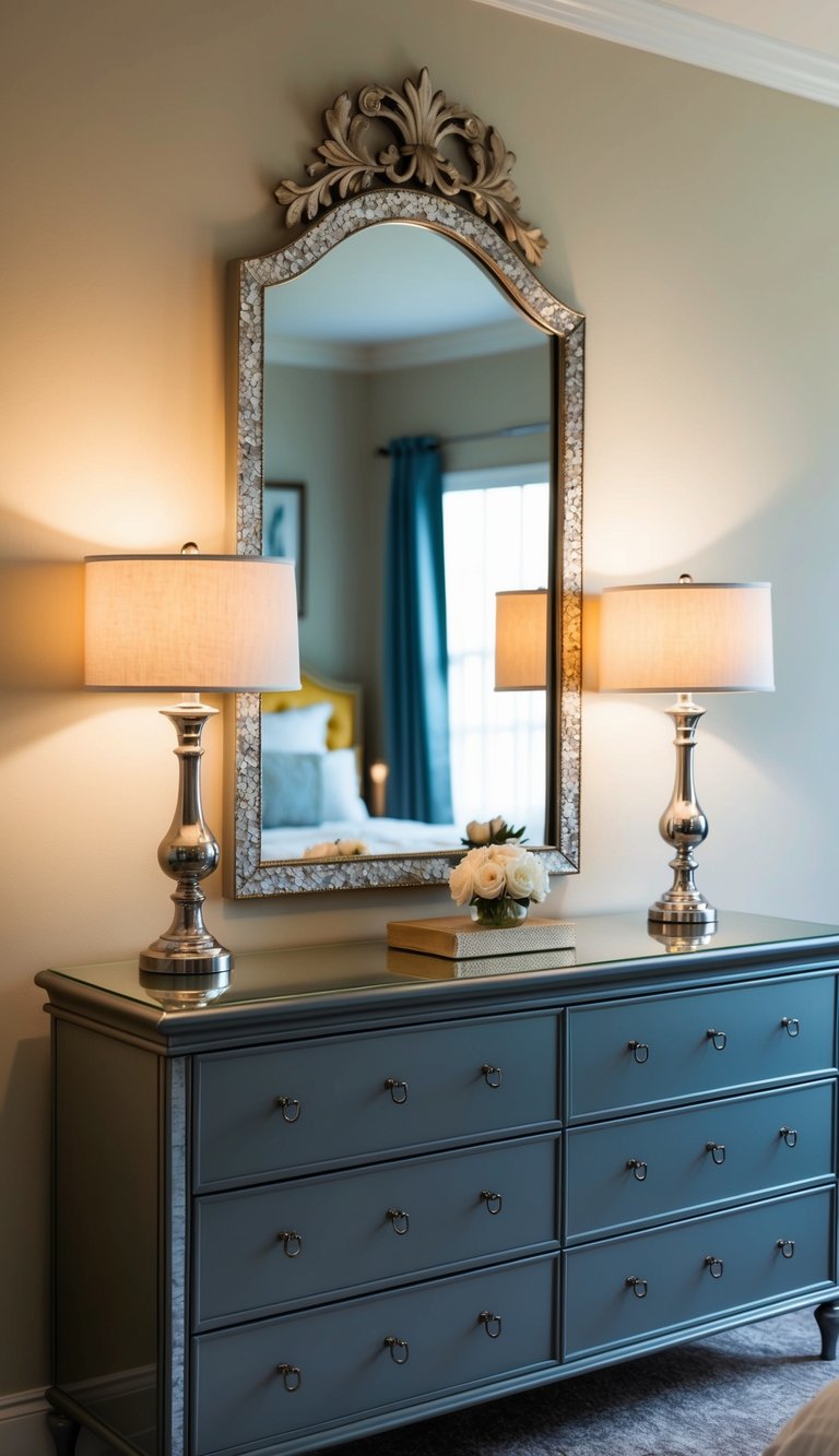 A decorative mirror hangs above a sleek dresser in a cozy guest bedroom, reflecting the soft glow of a bedside lamp