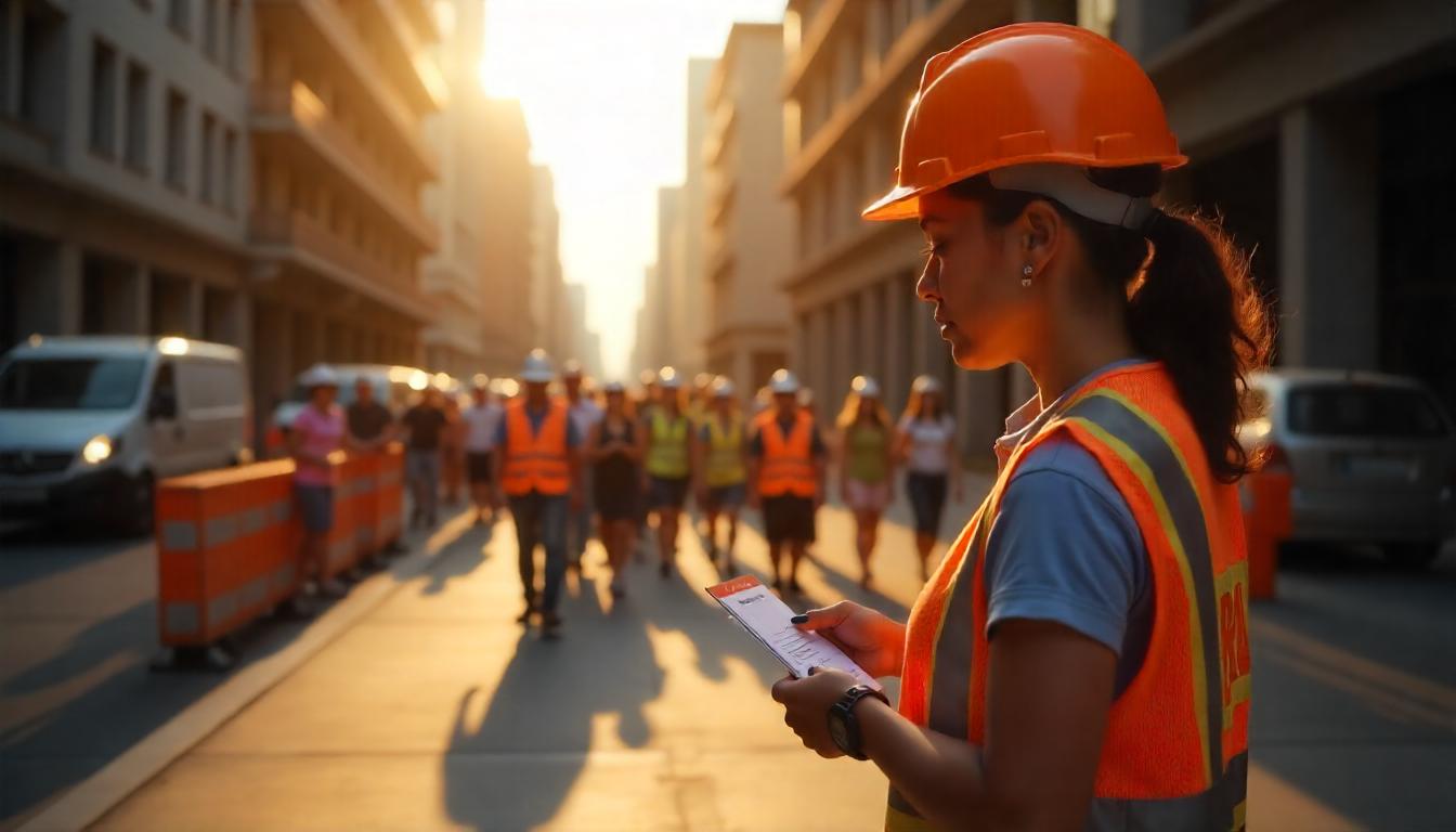 This visually striking scene, featuring the construction worker coordinating with the team of workers in the background, underscores how an MSSP can help organizations avoid security staffing challenges. The MSSP's expertise and comprehensive security solutions enable businesses to outsource security responsibilities, freeing up internal resources to focus on core operations and growth strategies within dynamic environments like this construction site.